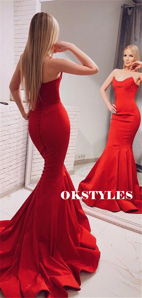 Mermaid Strapless Long Red Simple Prom Dresses With Train, PD0619