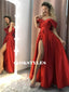 A-line Off-shoulder Long Red Satin Prom Dresses With Split, PD0634