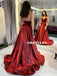 A-line V-neck Spaghetti Straps Backless Long Burgundy Prom Dresses, PD0636