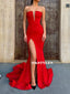 Mermaid Strapless Deep V-neck Long Red Prom Dresses With Split, PD0641