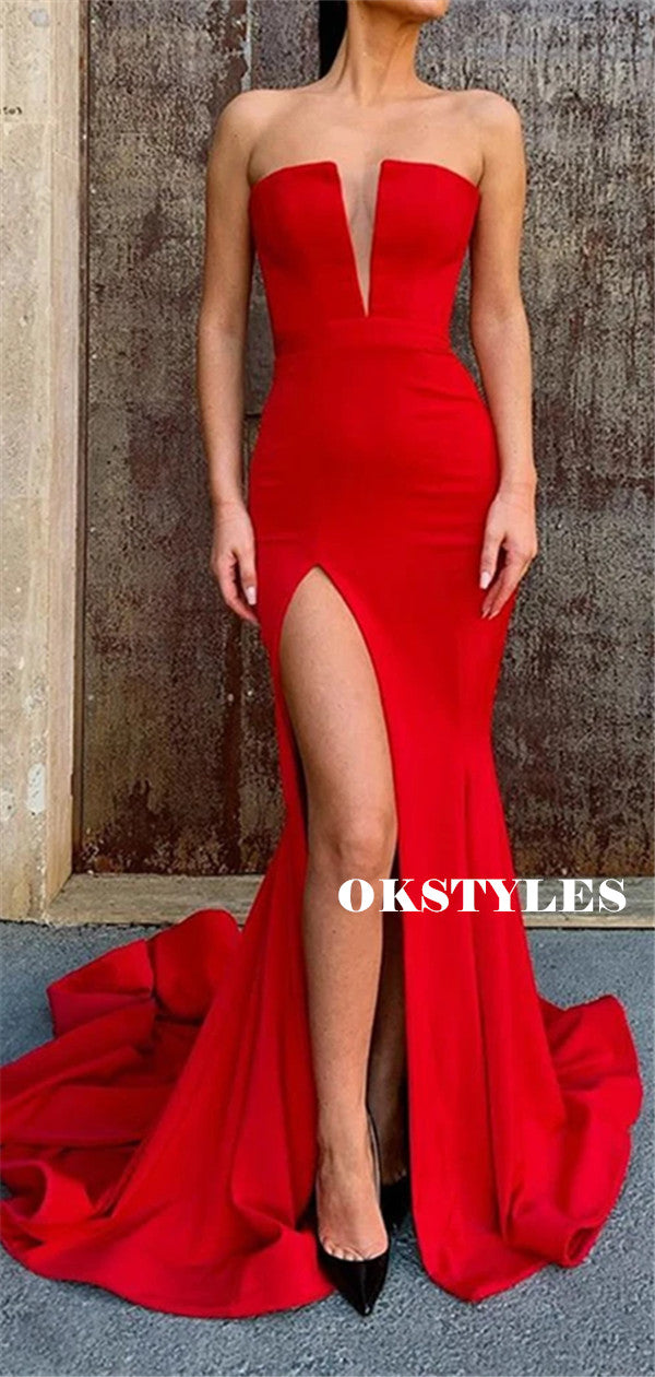 Mermaid Strapless Deep V-neck Long Red Prom Dresses With Split, PD0641 –  Okstyles
