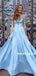 A-line Off-shoulder Flower Appliques Long Blue Prom Dresses, PD0652