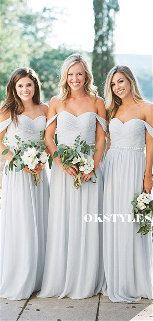 A-line Off-shoulder Floor-length Long Chiffon Bridesmaid Dresses With Pleats, BD0614
