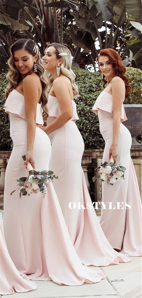 Mermaid Strapless Simple Long Bridesmaid Dresses With Train, BD0642