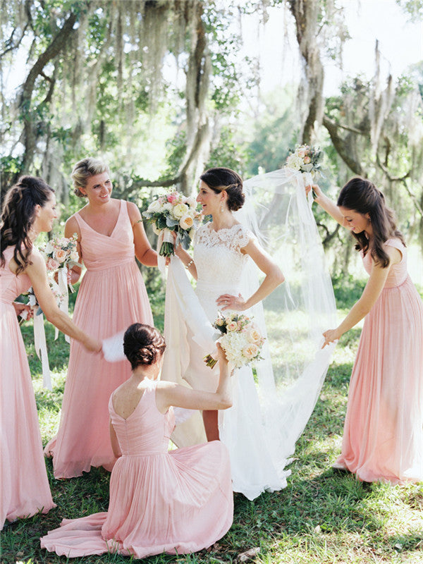 A-line Floor-length V-neck Sleeveless Long Pink Chiffon Bridesmaid Dresses, BD0648