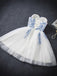 White A-line tulle blue Applique back straps short prom dresses, popular Homecoming Dress , HD0325