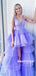 A-line V-neck High Low Long Tulle Prom Dresses, PD0582