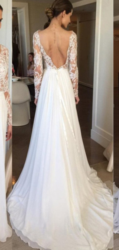 A-Line Sexy Deep V-Neck Backless Chiffon Lace Sleeves Beach Wedding Dress with train, WD0404
