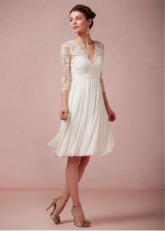 New Arrival chiffon 3/4 sleeves V-neck lace knee-length elegant wedding dresses, WD0335