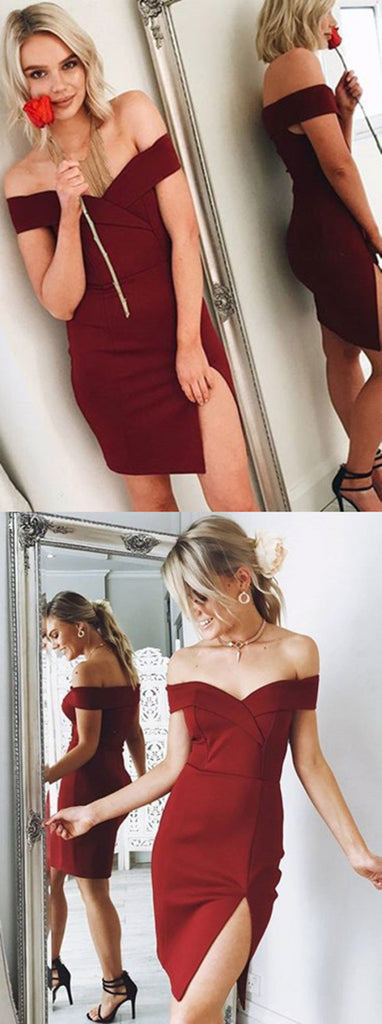 Simple Sexy Off-shoulder Burgundy Split Tight Cheap Short Homecoming Dress, HD0409