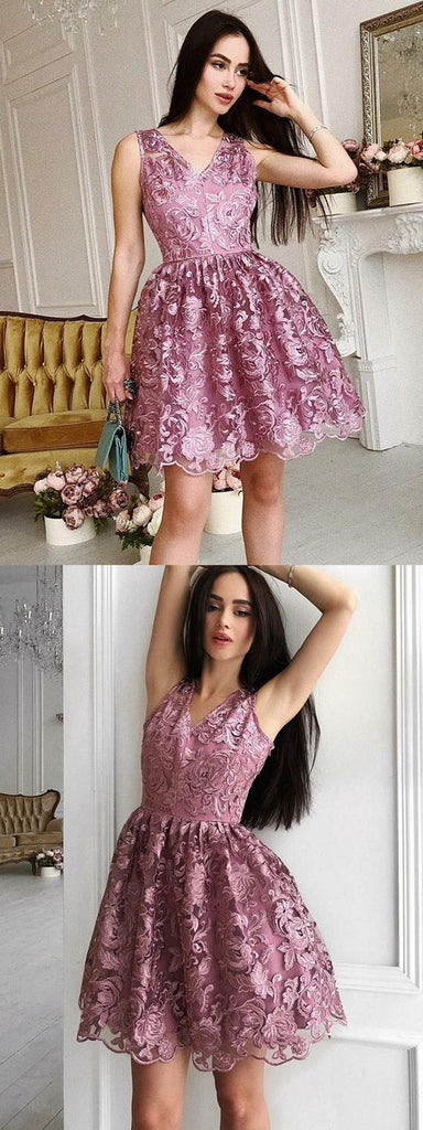 New Arrival A-line V-neck Sleeveless Lace Short Homecoming Dresses, HD –  Okstyles