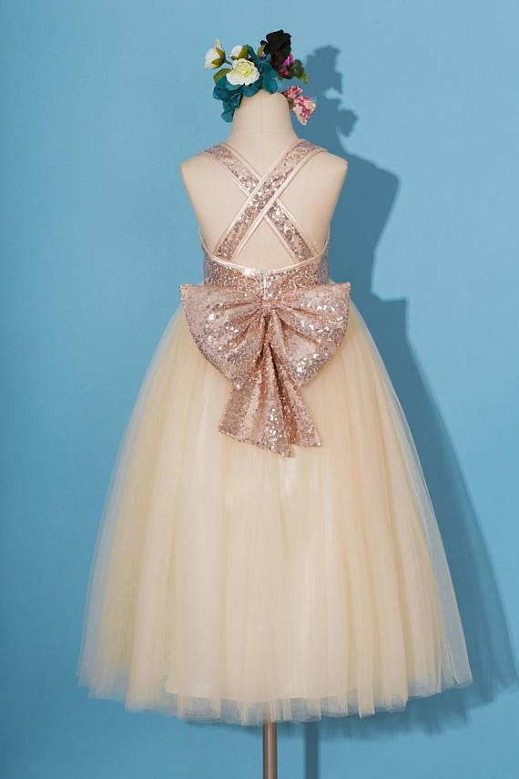 Rose gold sequins dress, pageant dress, rose gold flower girl dress, tulle Flower girl dresses, FG0114