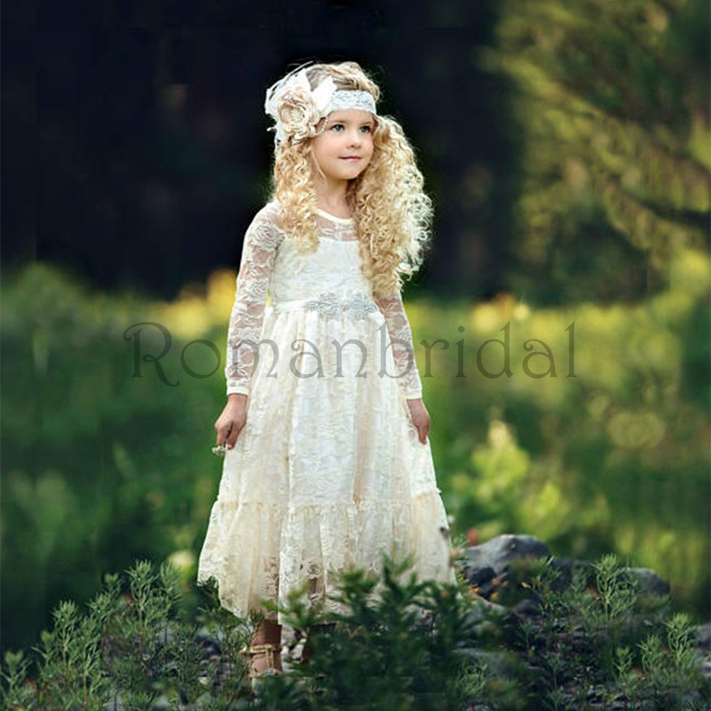 New Arrival  girl lace dress, country lace dress, ivory lace dress,Rustic flower girl dress,long sleeve lace dress,Flower girl dresses, FG0113