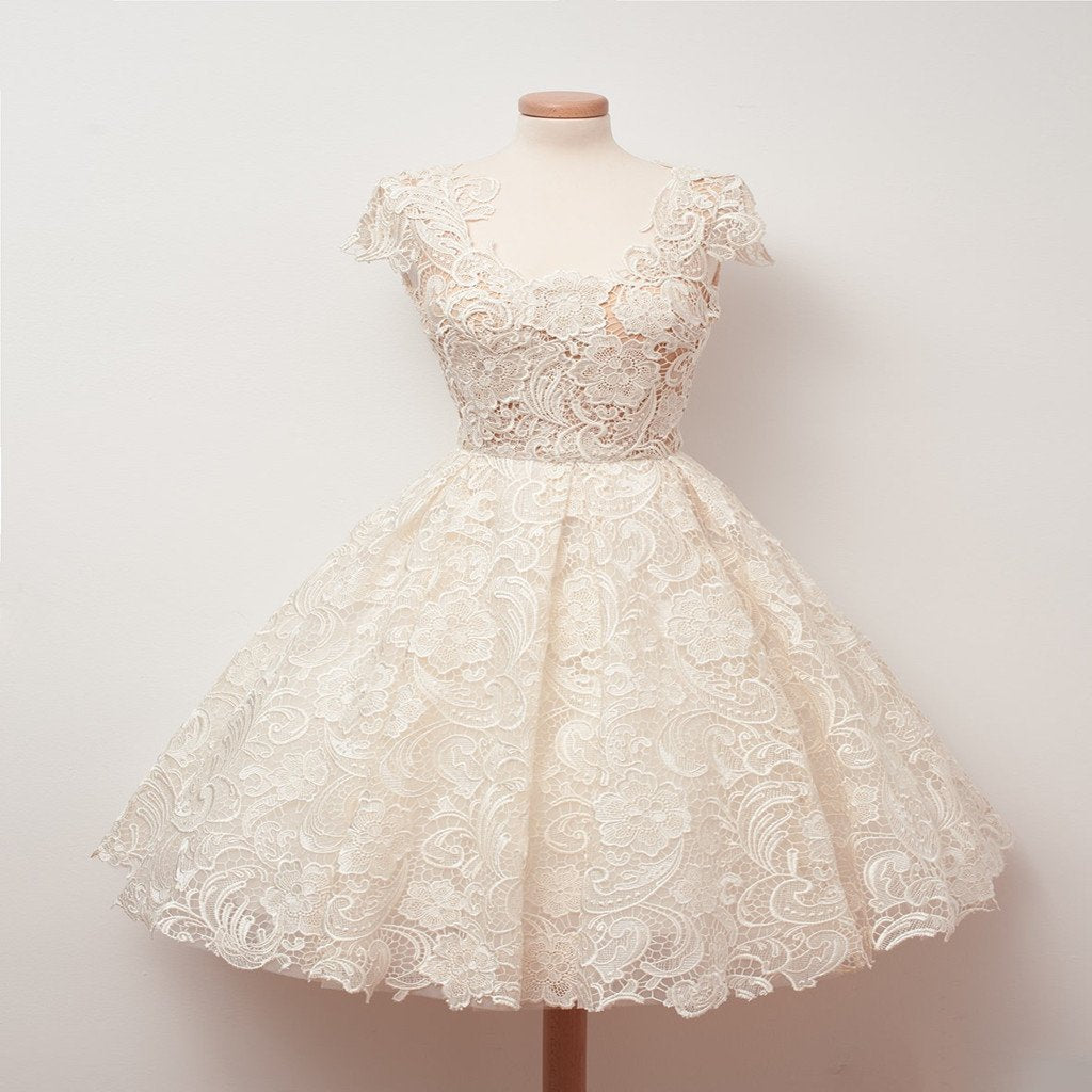 Sparkling A-line Ivory Lace Cap Sleeve V-Neck Short Party Dresses, Cute homecoming dresses , HD0322
