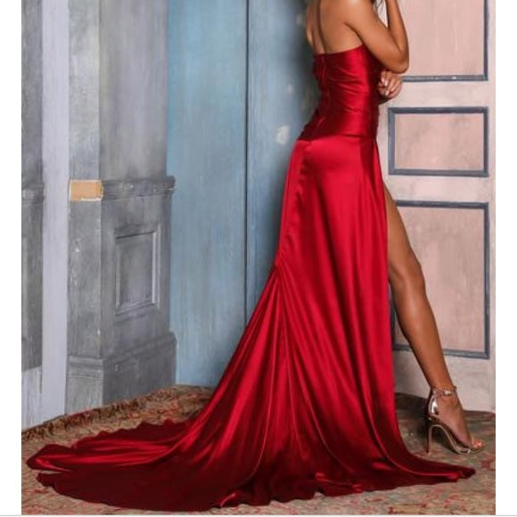 Sheath Straps One-shoulder Long Red Prom Dresses With Split, PD0581