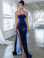 Strapless Simple Royal Blue Velvet Long Prom Dresses With Split, PD0574