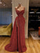 Sheath Spaghetti Straps Long Red Prom Dresses With Split, PD0576