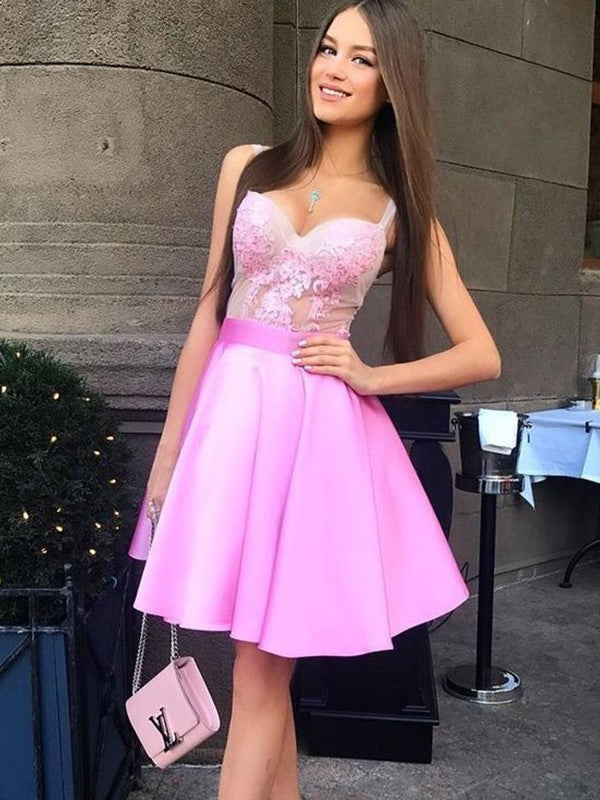 A-line Spaghetti Straps V-neck Pink Lace Appliques Homecoming Dresses, HD0490
