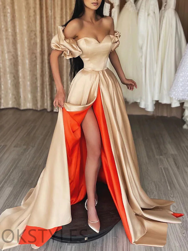 Sexy Satin Off-Shoulder A-Line Floor-Length Prom Dresses, OT023
