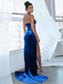 Strapless Simple Royal Blue Velvet Long Prom Dresses With Split, PD0574