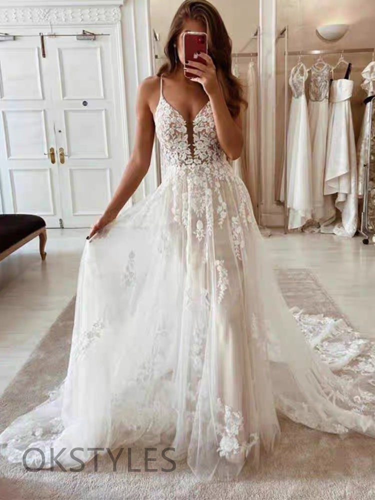 A-Line V-Neck Spaghetti Strap Lace Wedding Dresses, OT084