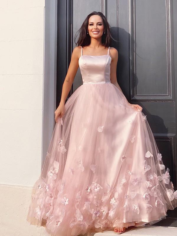 Pink Spaghetti Straps Applique Evening Prom Dresses, Sweet 16 Prom Dresses, OL076